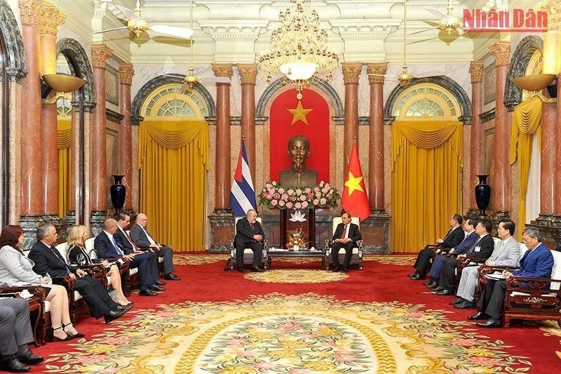Quang cảnh buổi tiếp Thủ tướng Cộng hòa Cuba Manuel Marrero Cruz tại Phủ Chủ tịch.