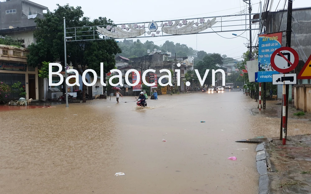 Rác thải nổi lềnh bềnh trên mặt nước. Đường ngập, nhiều phương tiện qua lại gặp khó khăn.