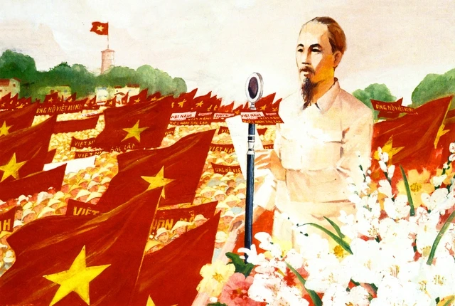 Bác Hồ đọc Tuyên ngôn Độc lập. (Ảnh: Bảo tàng Mỹ thuật Việt Nam)