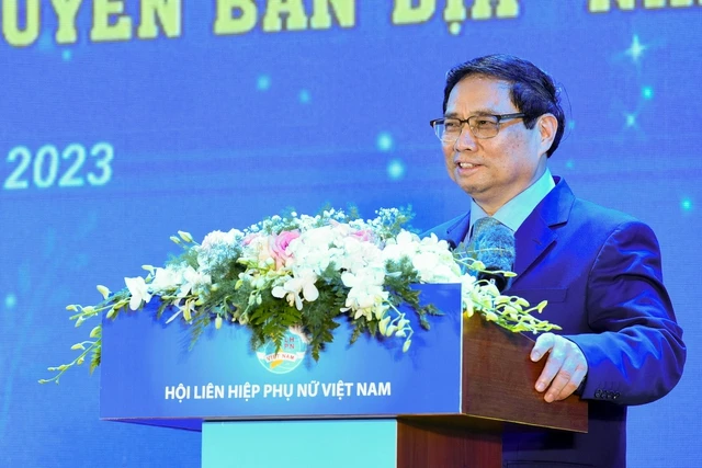 Thủ tướng Phạm Minh Chính phát biểu tại lễ trao giải chung kết toàn quốc cuộc thi "Phụ nữ khởi nghiệp, phát huy tài nguyên bản địa" năm 2023 - Ảnh: VGP/Nhật Bắc