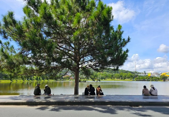 Người dân ngồi nghỉ mát, ngắm cảnh ven hồ Xuân Hương, đoạn đường Trần Quốc Toản dự kiến thí điểm phố đi bộ.