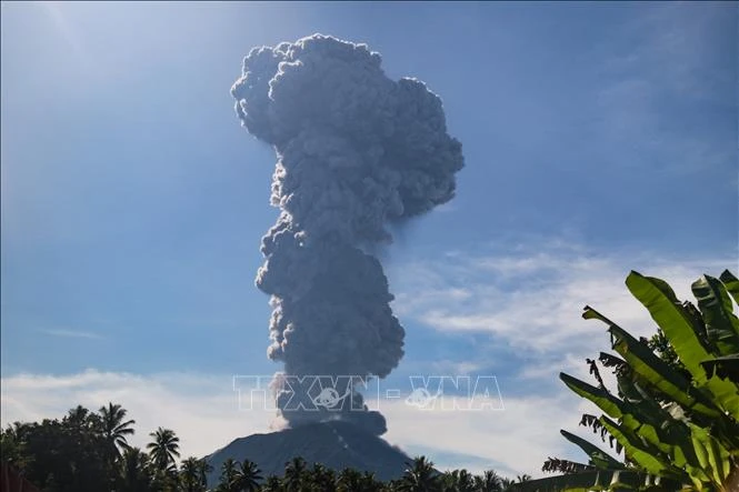 Tro bụi phun lên từ miệng núi lửa Ibu ở Gam Ici, Bắc Maluku, Indonesia, ngày 13/5/2024. Ảnh: AFP/TTXVN