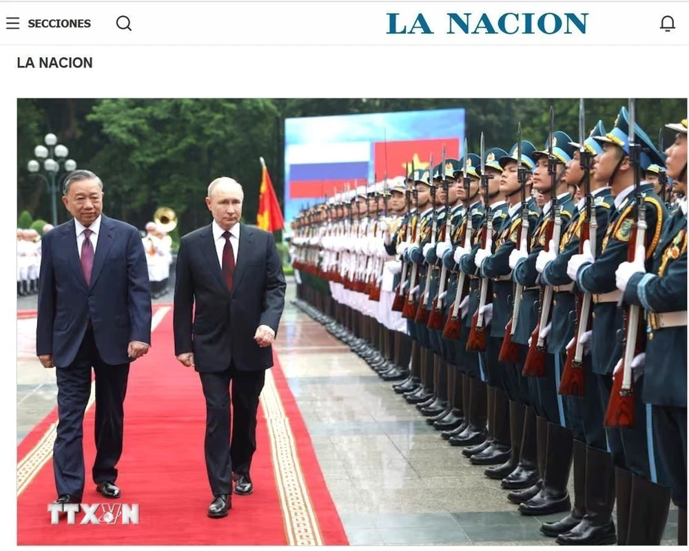 Ảnh chụp màn hình bài đăng trên tờ La Nacion về chuyến thăm Việt Nam của Tổng thống Nga Vladimir Putin.