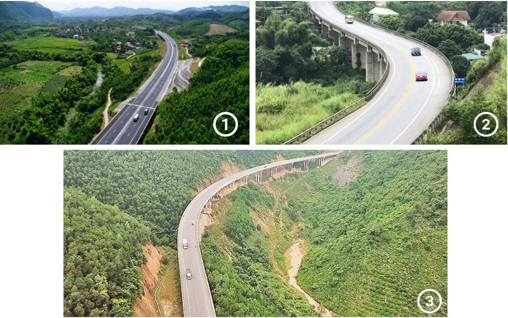 Cao tốc Đồng Đăng (Lạng Sơn) - Trà Lĩnh (Cao Bằng) (ảnh 1); Dự án cao tốc Tuyên Quang - Hà Giang (giai đoạn 1 - ảnh 2); Một cầu cạn trên đường cao tốc Thái Nguyên - Bắc Kạn (ảnh 3)