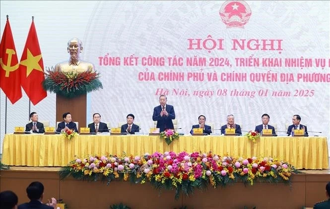 Tổng Bí thư Tô Lâm, Chủ tịch nước Lương Cường, Thủ tướng Phạm Minh Chính, Chủ tịch Quốc hội Trần Thanh Mẫn tại hội nghị.