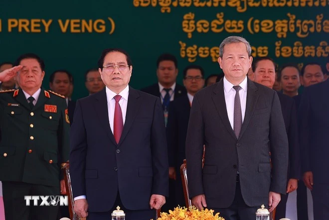 Thủ tướng Phạm Minh Chính và Thủ tướng Campuchia Hun Manet dự Lễ khai trương Cặp cửa khẩu quốc tế Tân Nam- Meun Chey.