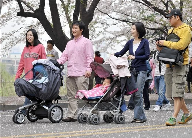 Các bố mẹ đưa con đi dạo tại Seoul, Hàn Quốc.
