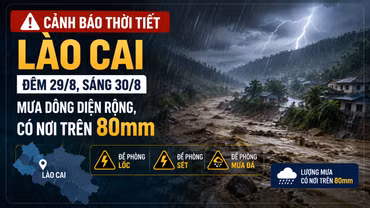Cảnh báo thời tiết Lào Cai đêm 29/8, sáng 30/8: Mưa dông diện rộng, có nơi trên 80mm, đề phòng lốc, sét, mưa đá